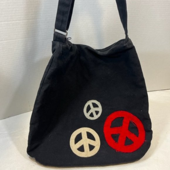 Black Cotton Canvas PEACE Hobo Zip Adjustable Shoulder Bag 16x15" - Picture 4 of 6